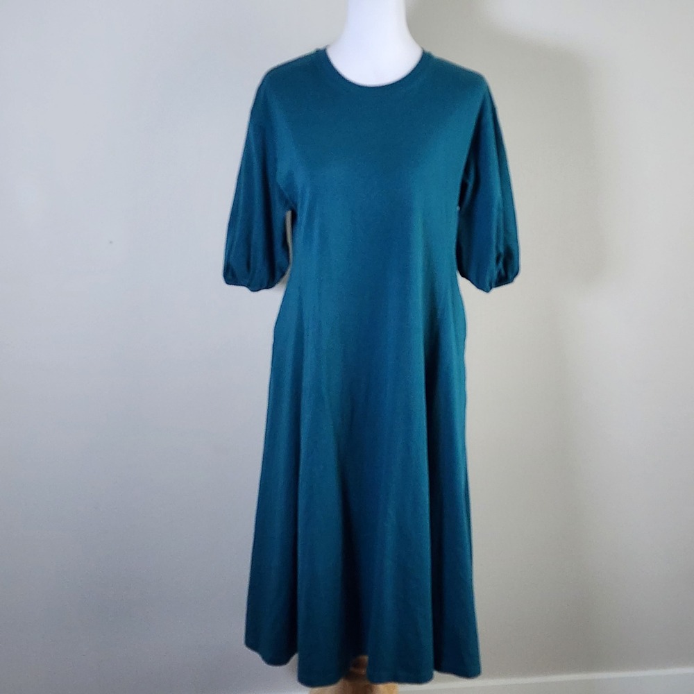 Uniqlo Puff Sleeve Midi Dress Womens Large Teal Cotton Knit Pockets Minimalist - Picture 2 of 13
